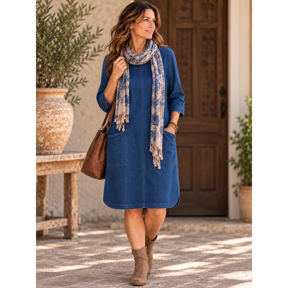 J. Jill Denim Lagenlook Blue Shift Dress Womens 3/4 Sleeve Cotton Stretch M